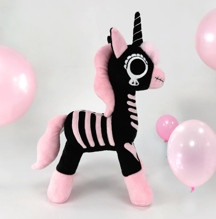 Goth Pink and Black Skeleton Unicorn Plush