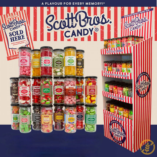 Acid drops, humbugs, barley sugar, raspberry drops and tiny tots and more boiled lollies from Scott Bros candy out now