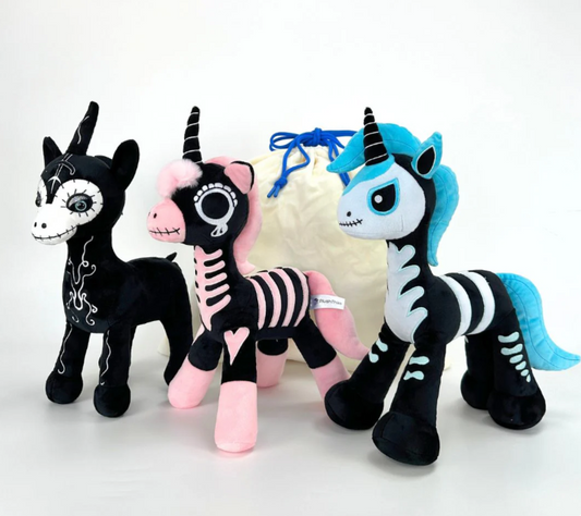 Goth Blue and Black Skeleton Unicorn Plush (set of three)