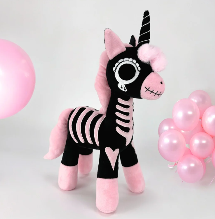 Goth Pink and Black Skeleton Unicorn Plush